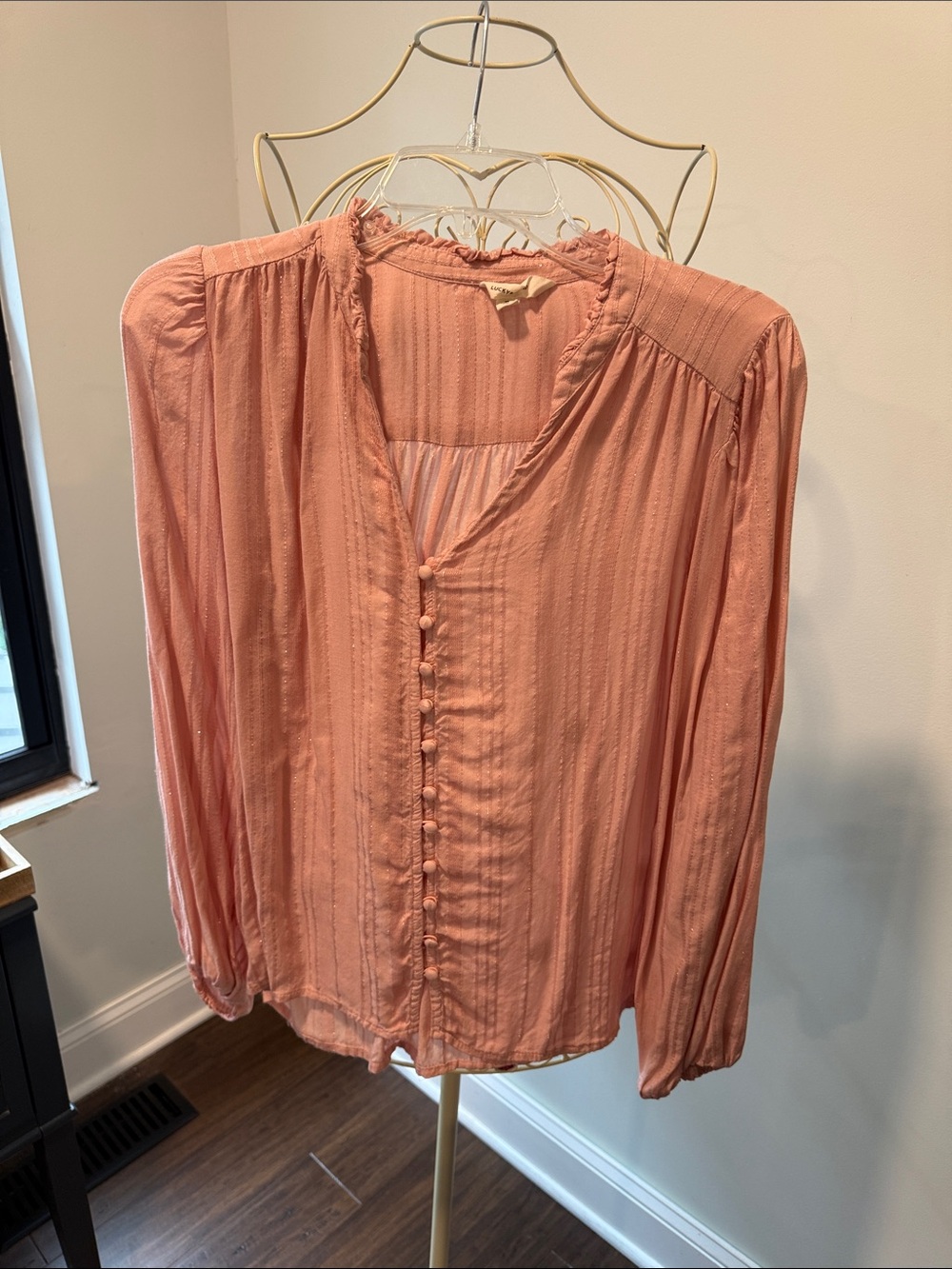 Lucky Brand Coral-Peach Button Front Long Sleeve Blouse